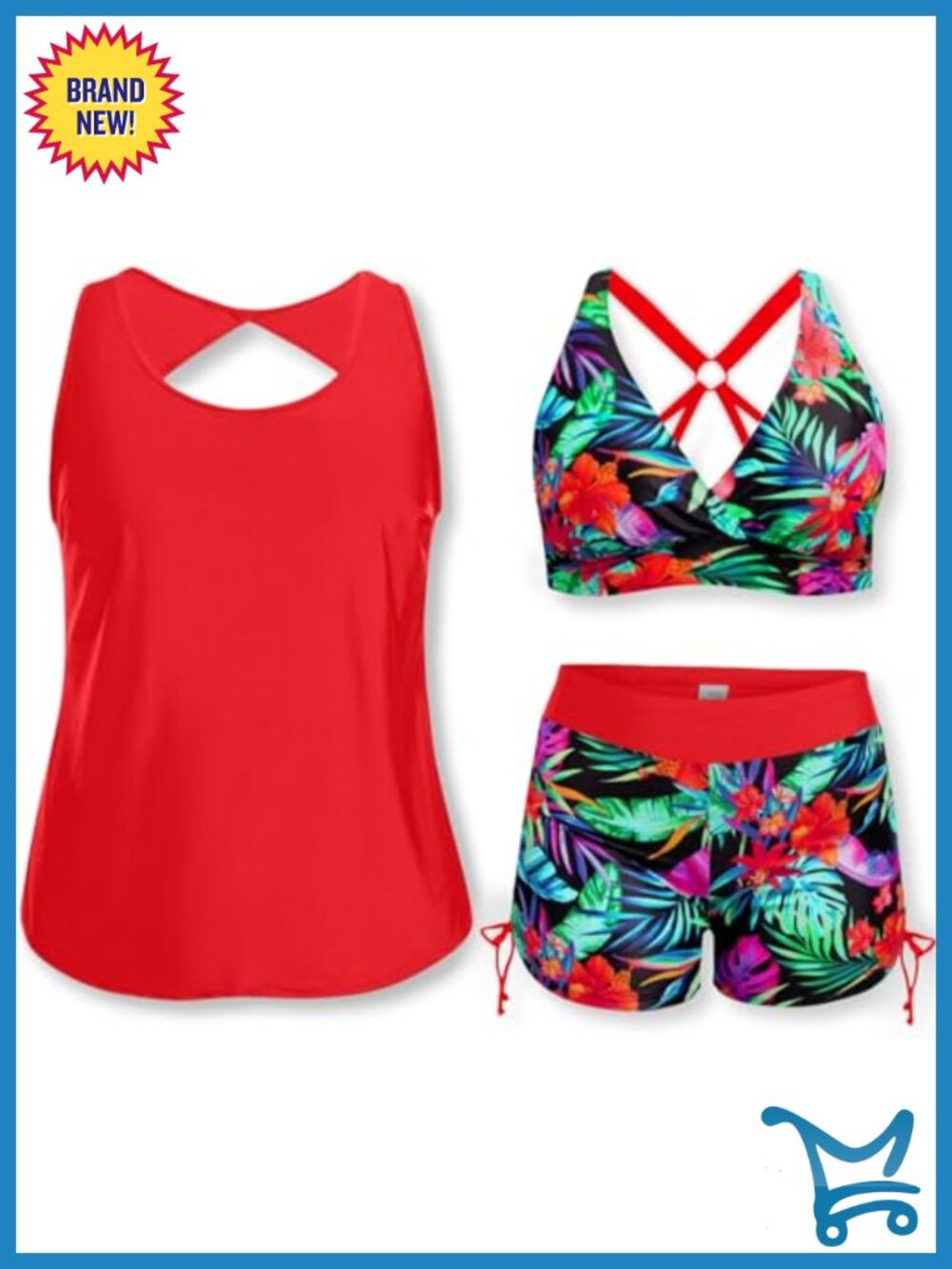 Plus Size Tankini Swimsuit 3 Piece Set with Boyshorts Tummy Control
